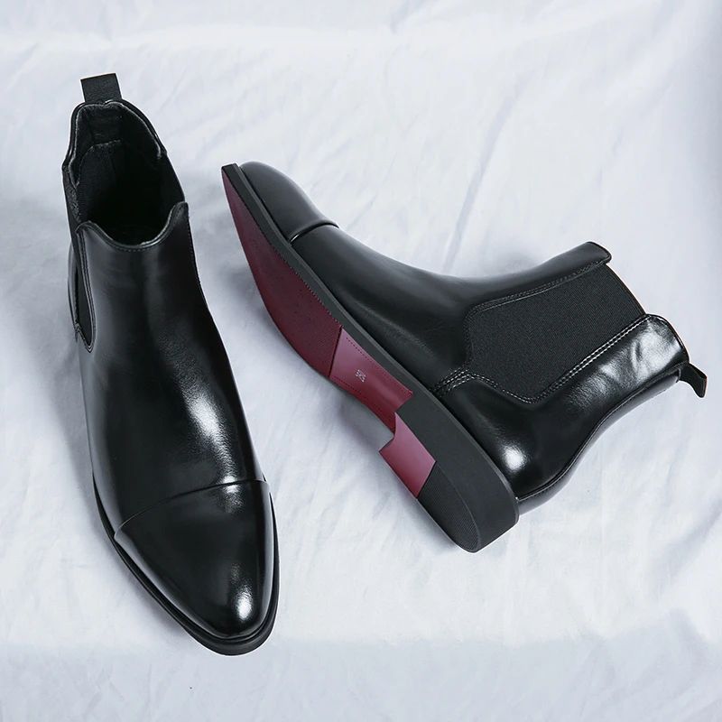 Botas masculinas Chelsea com sola vermelha, tornozelo, bico redondo para negócios, estilo Aura, sapatos masculinos tamanho 38-46, botas masculinas