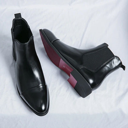 Botas masculinas Chelsea com sola vermelha, tornozelo, bico redondo para negócios, estilo Aura, sapatos masculinos tamanho 38-46, botas masculinas