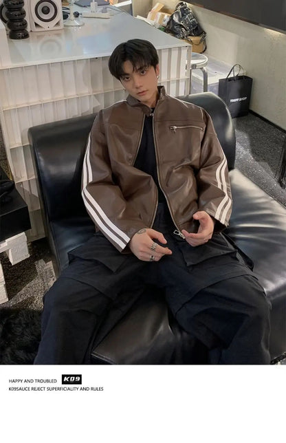 Retro Leather Jacket Men Women  American Patchwork Strip Racing Outerwear Loose Hip Hop Zippers Brown PU Coat Streetwear Spring