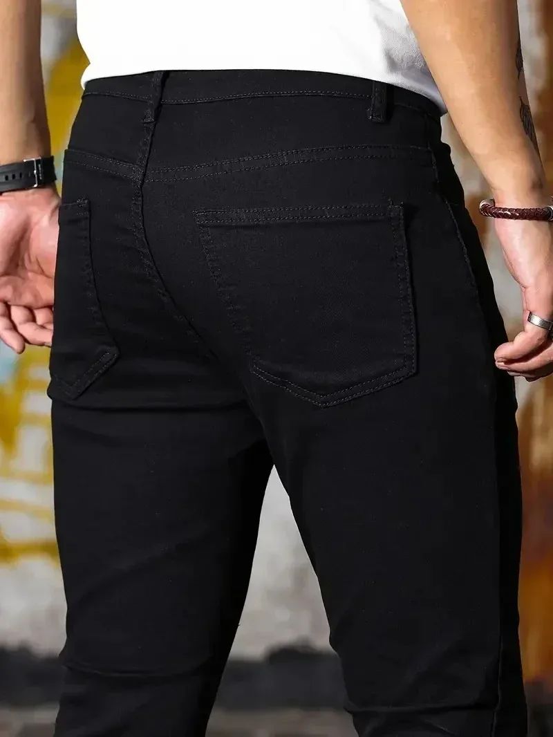 Calça Jeans Masculina Skinny Stretch Cores Sólidas Preto Azul Primavera Luxo Rua Harajuku Hip-Hop Calças Justas Marca