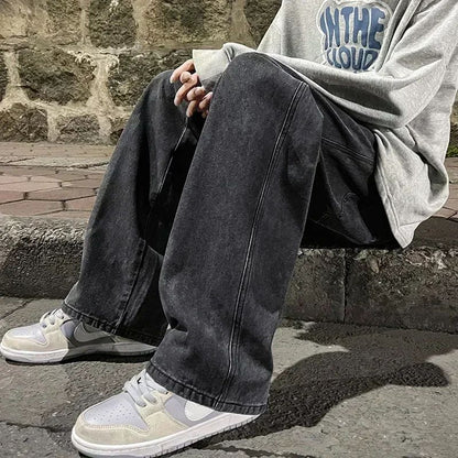 2025 New Korean Men's Casual Long Jeans Classic Man Straight Denim Wide-leg Pants Gyms Solid Color Light Blue Grey Black M-3XL