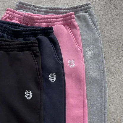 Calça Moletom Bordada Su Jogger Hip Hop Rosa Casual Cintura Elástica Masculina Americana Marinho Y2K Moeda Berlim Street Estilo Anos 2000