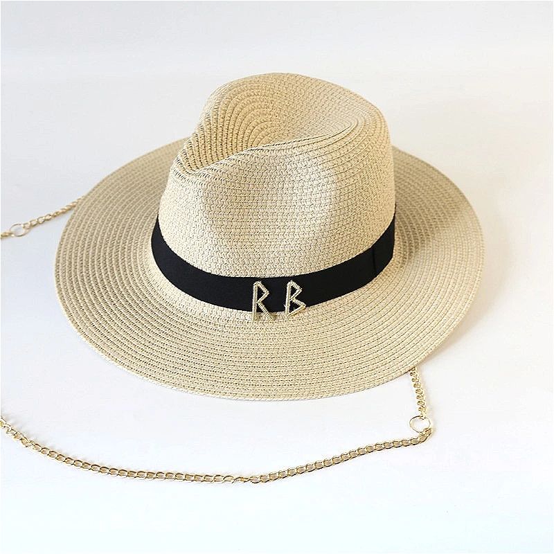 Fashionable Metal RB Letter Straw Hats for Women Men Summer Outdoor Holidays Beach Sun Hat Straw Hats for Women Fashion Panama