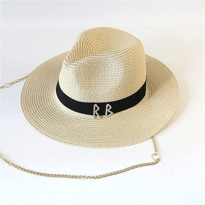 Fashionable Metal RB Letter Straw Hats for Women Men Summer Outdoor Holidays Beach Sun Hat Straw Hats for Women Fashion Panama