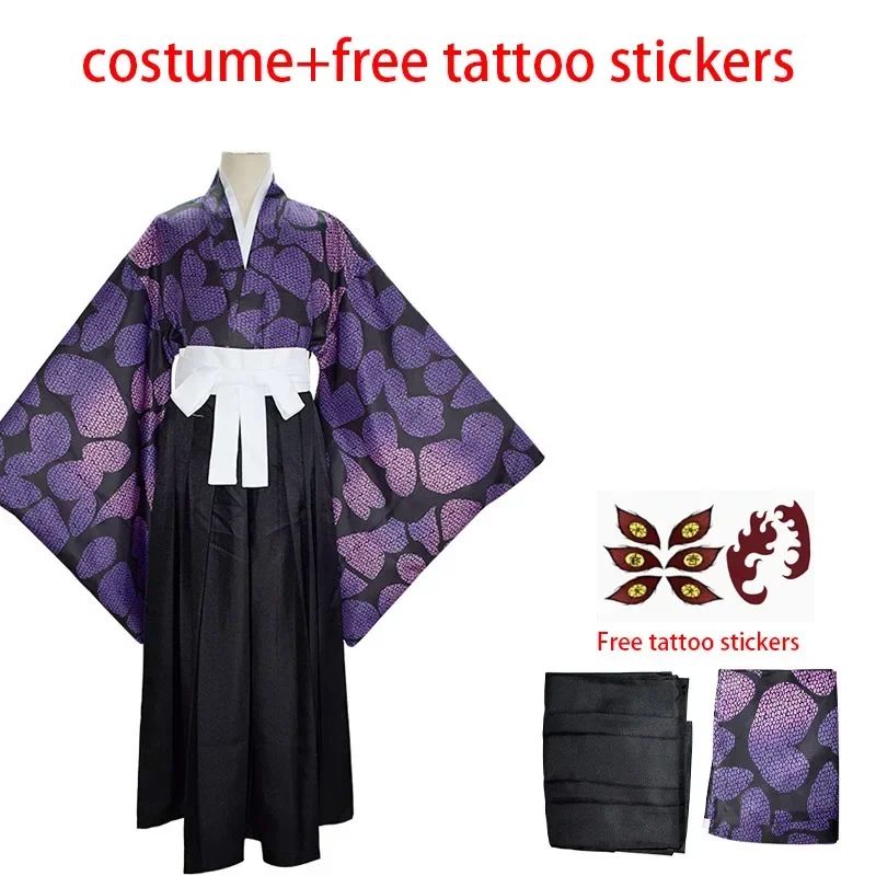 2026 New Edition Kokushibo Role-Play Wig, Temporary Tattoos, Anime-Print Kimono Top, Halloween Party Costume