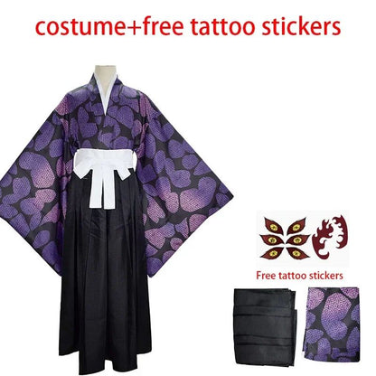 2026 New Edition Kokushibo Role-Play Wig, Temporary Tattoos, Anime-Print Kimono Top, Halloween Party Costume