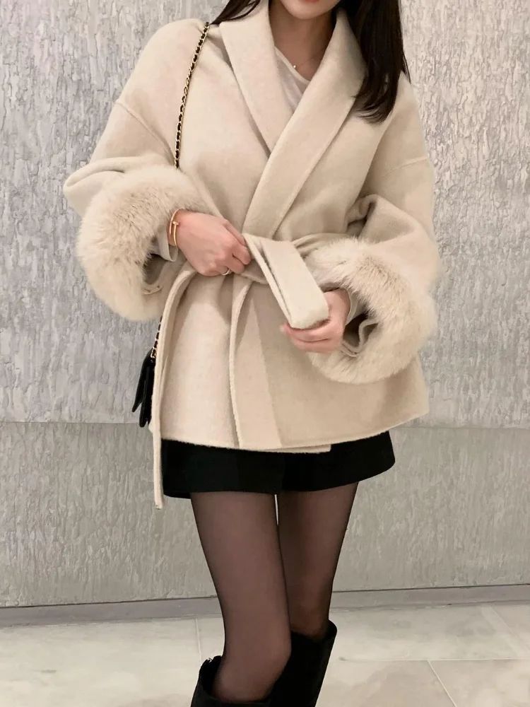 Elegant Lace Up Woolen Overcoat Women Casual Lapel V-neck Full Sleeve Loose Warm Outerwears Lady New Autumn Commute Street Coat