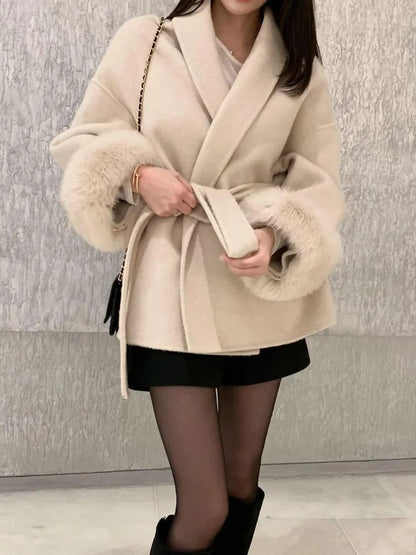 Elegant Lace Up Woolen Overcoat Women Casual Lapel V-neck Full Sleeve Loose Warm Outerwears Lady New Autumn Commute Street Coat