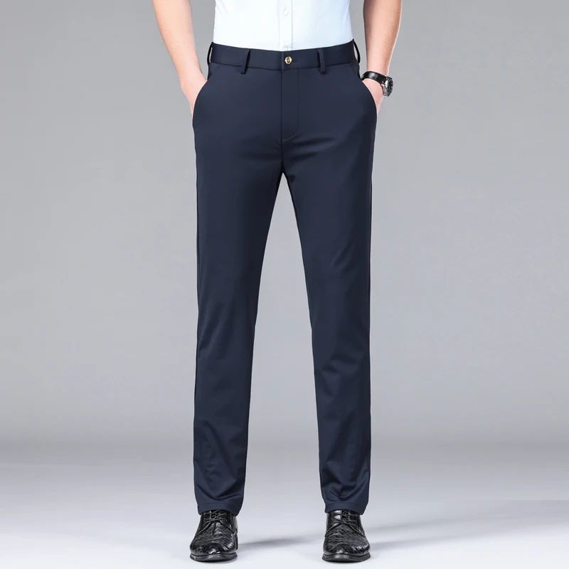 New Summer Men's Ice Silk High Stretch Business Suit Pants Male Army Green Blue Elastic Formal Office Straight Formal Trousers