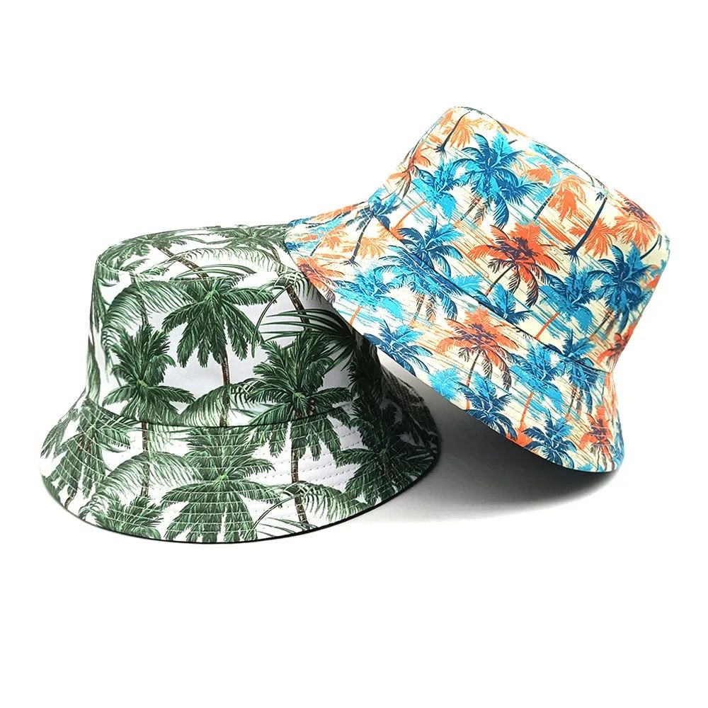 Fashion Bucket Hat Coconut Tree Printing Pattern Fisherman Hats For Holiday Double Sides Panama Cap Unisex Outdoor Beach New