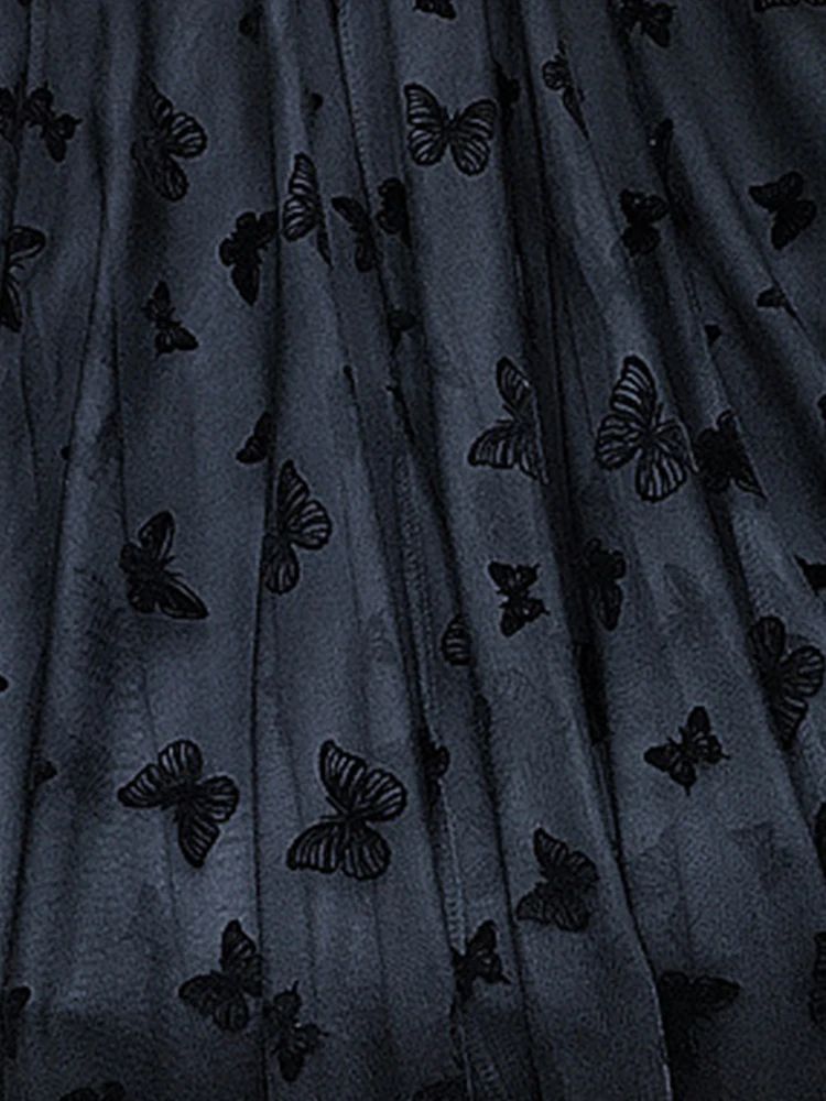 Butterfly Flocking Tulle Long Skirt Women Aesthetic Casual A Line Elastic High Waist Midi Mesh Skirt Female Black