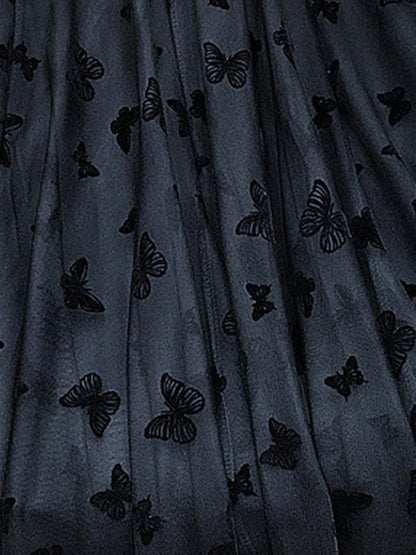 Butterfly Flocking Tulle Long Skirt Women Aesthetic Casual A Line Elastic High Waist Midi Mesh Skirt Female Black