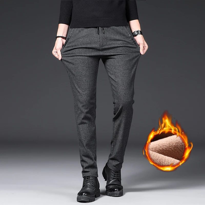 Winter Plush Trousers Men Business Fleece Pants Fashion Warm Drawstring Velvet Thick Casual Stretch Male Clothes 28-29