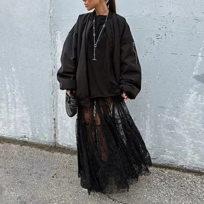 Lace Jacquard Transperant Skirt Women Summer New High Waist Sexy Casual Long Skirts 2025 Streetwear Fashion Black Maxi Skirt
