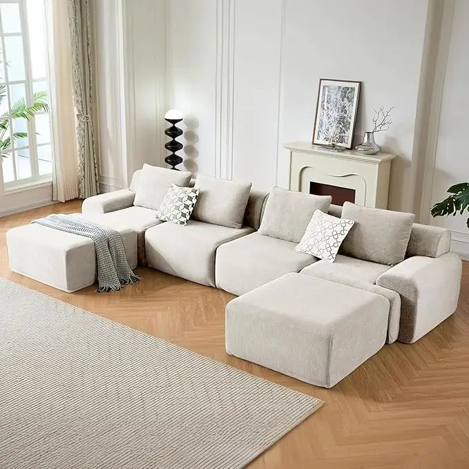 Oversized U-Shaped Corduroy Sectional Sofa Set with 2 Ottomans Deep Seat Boneless Comfortable Living Room Couch
