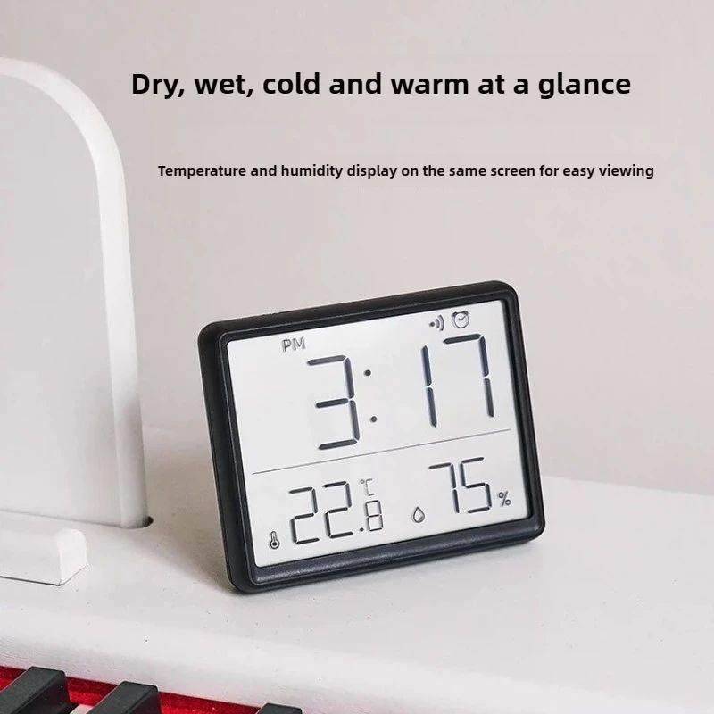 Slim Digital Wall Clock with LCD Alarm, Temperature & Humidity Display- Multi-Functional Kitchen Electronic Clock Adhesive Mount