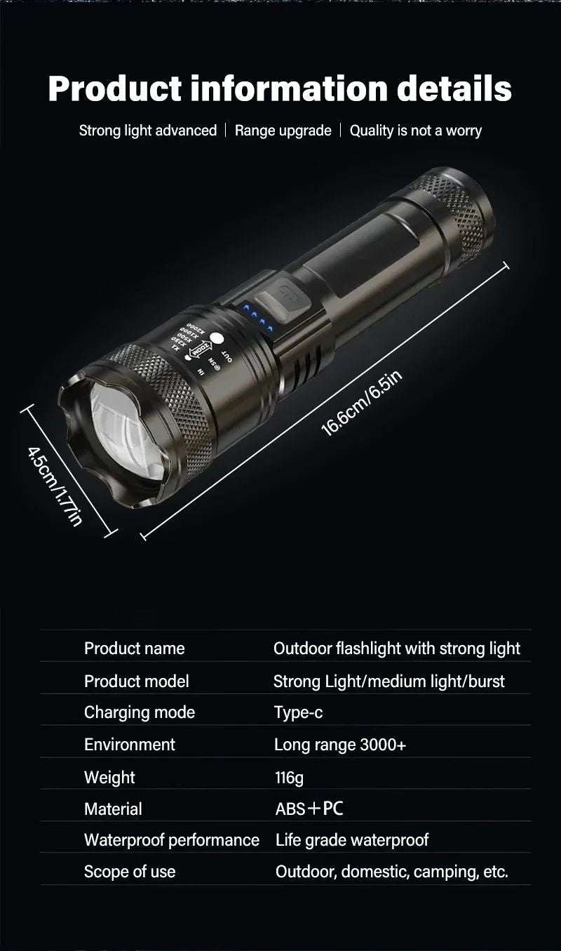 Tactical LED Flashlight 2000LM USB Rechargeable Waterproof Grade Zoom Torch Bright Portable Emergency Light for Camping Outdoor