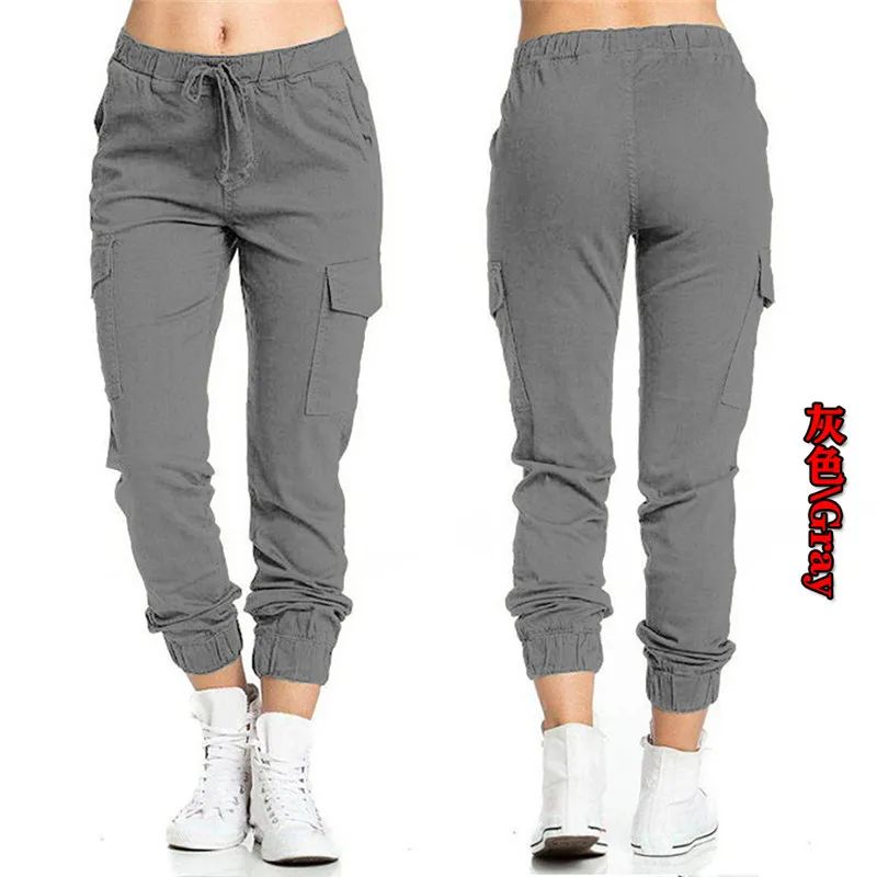2022 New Solid Jogger Women's Cargo Pants Multi-Pocket Drawstring Elastic Waist Women Sports Pants Streetwear Casual Long Pant