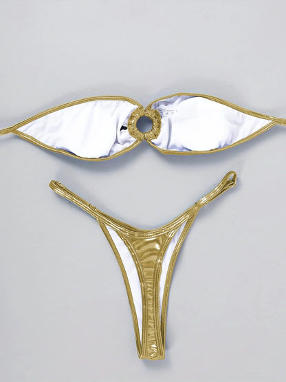 Sexy Bandeau Bikini 2025 Women Gold Black Metal Ring Linked Hollow Out Push Up Micro Swimsuit Shiny Bathing Suit Thong Swimwear