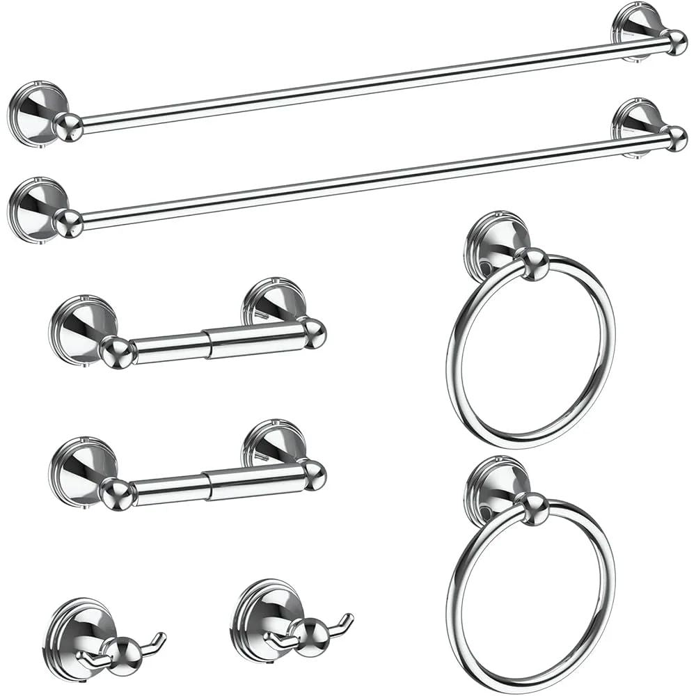 8 Pieces Stainless Steel Bathroom Accessories Set Polished Chrome Towel Bar Towel Ring Hook Rack Wall Mount Hardware