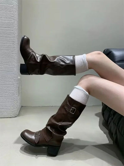 Woman Boots Knee High Platform Chunky Heels Trend Punk Gothic New Rock Leather Fashion Women's Shoes Motorcycle Footwear