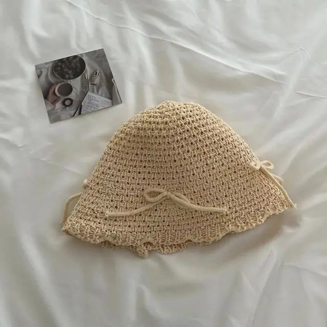 Chapéu de Sol Coreano com Laço de Primavera e Verão, Chapéu Bucket Doce da Moda, Chapéu de Sol Feminino de Palha de Cor Sólida de Malha Respirável para Exteriores