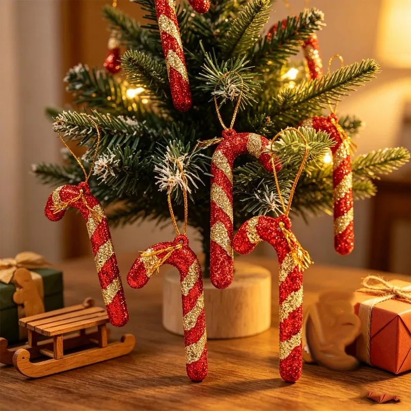 6/60Pcs Christmas Red Candy Lollipop Xmas Tree Hanging Pendant Candy Cane Ornaments Wreath Window Display Party Decor Supplies
