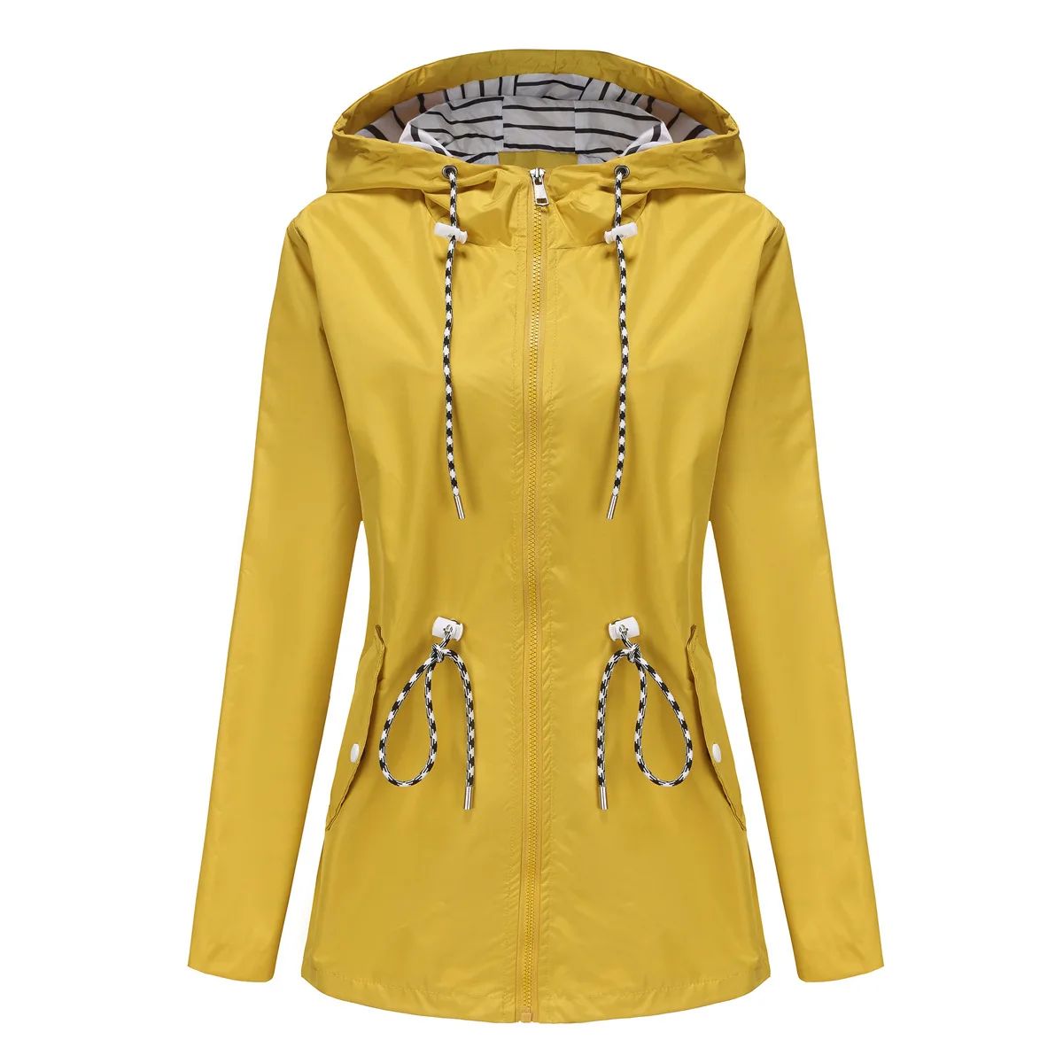Blue Waterproof Hooded Jacket Women Fashion Casual Coat Waist Drawstring Tie Zipper Switch Red Green Yellow Black Windbreaker