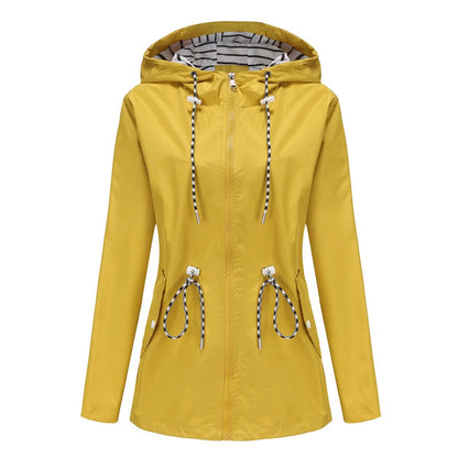 Blue Waterproof Hooded Jacket Women Fashion Casual Coat Waist Drawstring Tie Zipper Switch Red Green Yellow Black Windbreaker