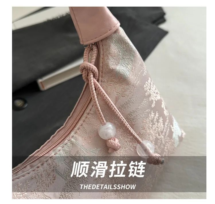 Sweet Embroidery Shoulder Bag Nylon Texture Pearl Pendant Crossbody Bag Small Bucket Handbag Women Canvas Luxury Cheongsam Bag