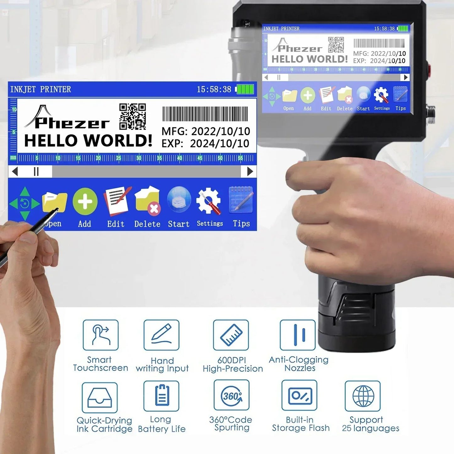 Phezer P15 12.7mm Label Printer QR Bar Batch Code Date Number Logo Expiry Date Handheld Inkjet Printer 28 Languages Portable