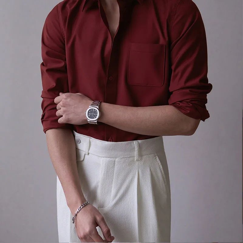 Iron-Free Long Sleeve Silk Smooth Drapey Wedding Shirt for Men Summer Business Formal Wine Red Large Size Men's Clothing