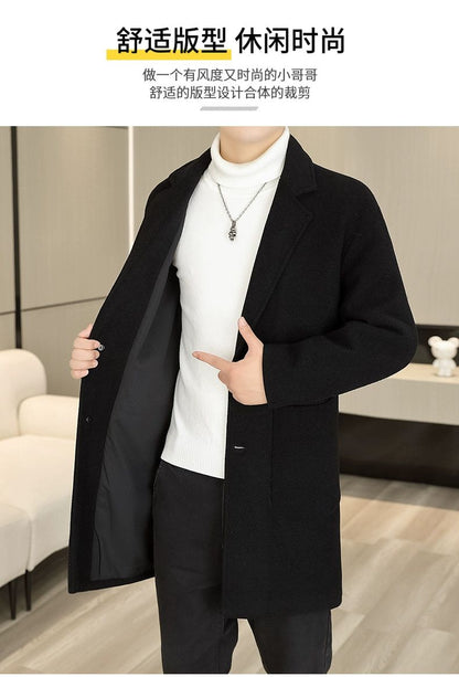 Men's Long Over-the-Knee Trench Coat Youth Black Business Casual Suit Collar Overcoat Mid-Length Trench Coat