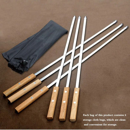 6Pcs/Set Barbecue Meat String Skewer Chunks of Meat Stainless Steel Natural Beech Handle Roast Stick for BBQ Outdoor Picnic