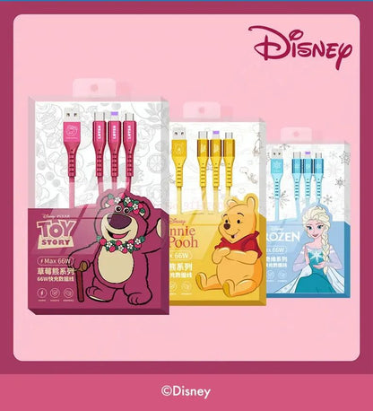 Cabo de Carregamento 3 em 1 Disney Cabo de Dados de Carregamento Rápido Morango Ursinho Pooh Frozen para Micro Tipo-c Carregador USB Lightning