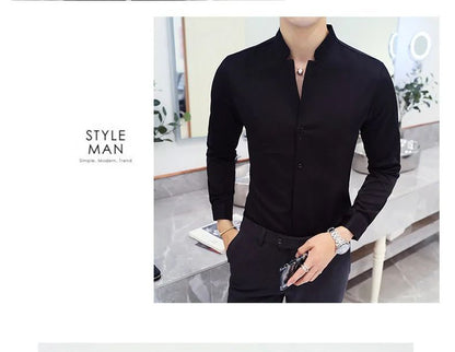 Black Men Long Sleeve Shirt, White Single Breasted Collar Stretch Shirts, Red Fashion Slim Top,Asian Size M-5XL(Korean Slim Fit)
