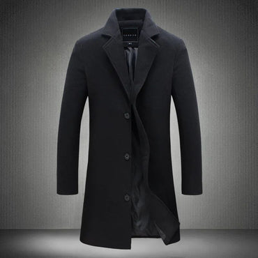 2025 Outono Inverno Novo Lã Masculino Longo Casaco de Algodão Mistura Cor Pura Casual Negócios Moda Slim Jaqueta Corta-Vento Masculina Roupa