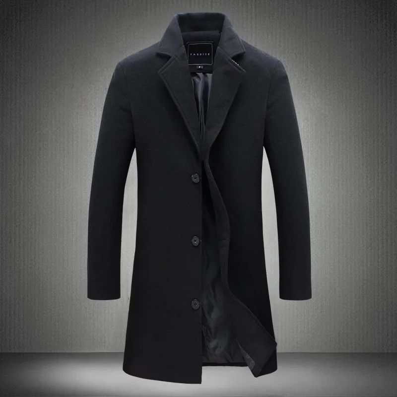 2025 Outono Inverno Novo Lã Masculino Longo Casaco de Algodão Mistura Cor Pura Casual Negócios Moda Slim Jaqueta Corta-Vento Masculina Roupa