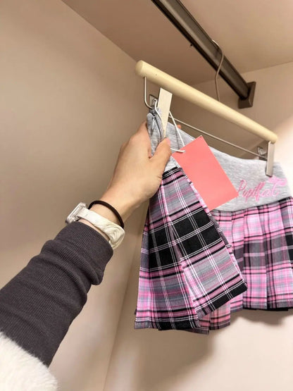 American Retro Spicy Girl Plaid Half Skirt Women Summer New Embroidery Patchwork Fashion High Waist Pleated Short Skirt