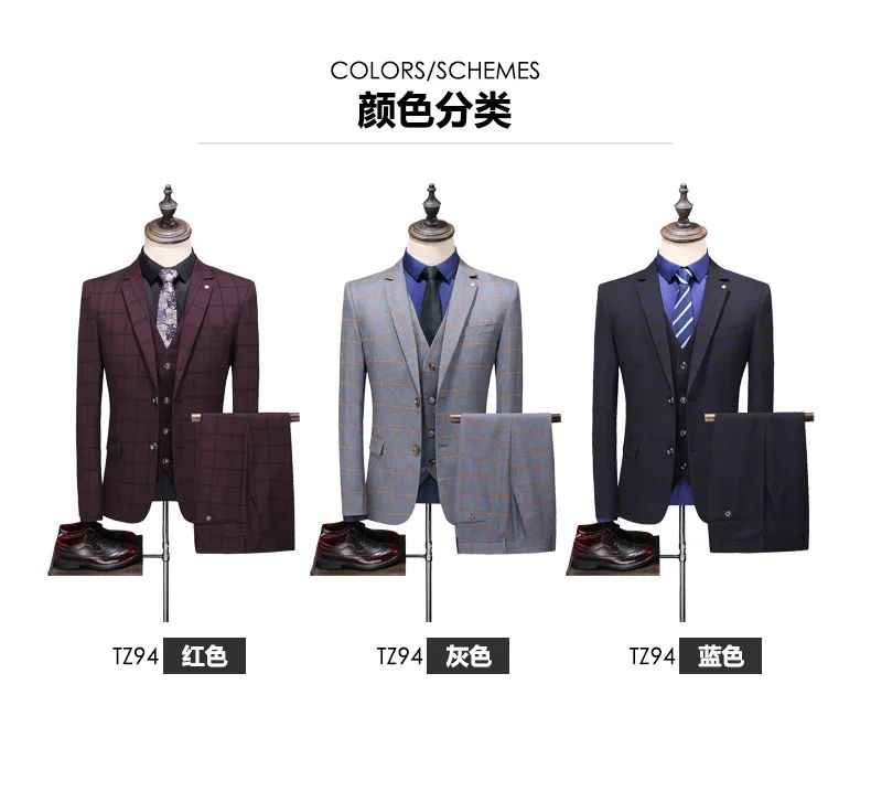 Suit (blazer+vest+pants) Man Fashion Business British Grid Trend Style Casual Hosting Slim Wedding Work Conjunto Hombre
