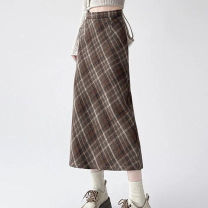 2025 Autumn Vintage Woolen Plaid Skirts Lady Elegant High Waist Slimming A-Line Skirt Women Korean Streetwear Slit Long Skirt