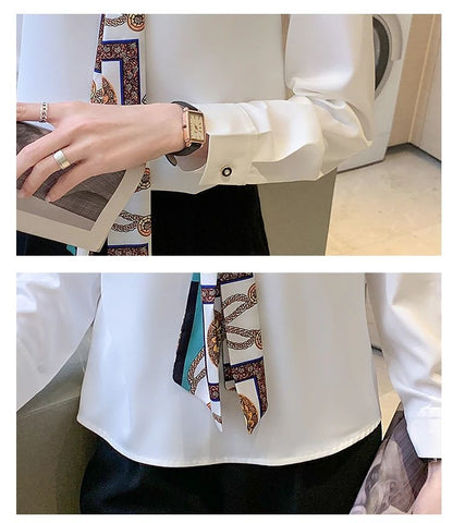 FANAN Elegant Fashion Office Lady Bow Solid Chiffon Shirts Women Clothing New Long Sleeve V-Neck Pullover Top Blouses Female2025