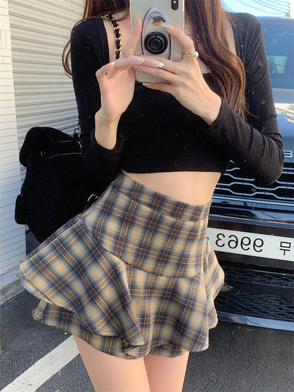 Tiered Mini Skirt Y2K High Waist Tartan Ruffled Plaid Skirt Skort Women Aesthetic Outfit