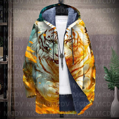 Men's Retro Print Plush Thick Long-Sleeved Coat Cardigan Tiger 3D Prined Fleece Hooded Overcoat Unisex Thick Warm Jacket
