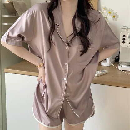 Pyjama Summer New Ladies Sweet Satin Silk Floral Printed Pajamas Set Short Sleeve+Pants Women Ice Silk Cute Homewear Casual Wear