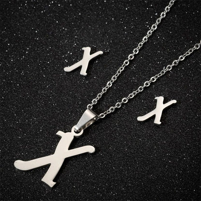 Conjunto Feminino de Colar e Brincos de Aço Inoxidável com Letra Inicial do Alfabeto A-Z - Joias Personalizadas de 26 Letras Inglesas - Presente