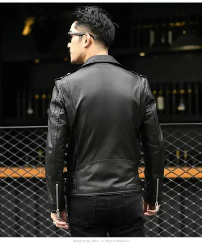 Long Sleeve Belt Plus Size European Fashion brand Spring Autumn Short Cool Black Leather Biker Jacket Men Zipper leather jackets