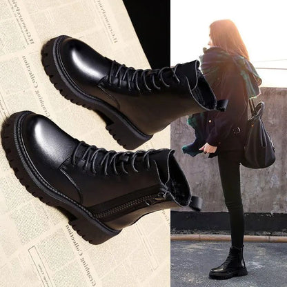 Autumn new mid length Boots Black anti slip trendy Footwear  Fashion laceup boots Ladies thick heeled casual shoes Botas Zapatos