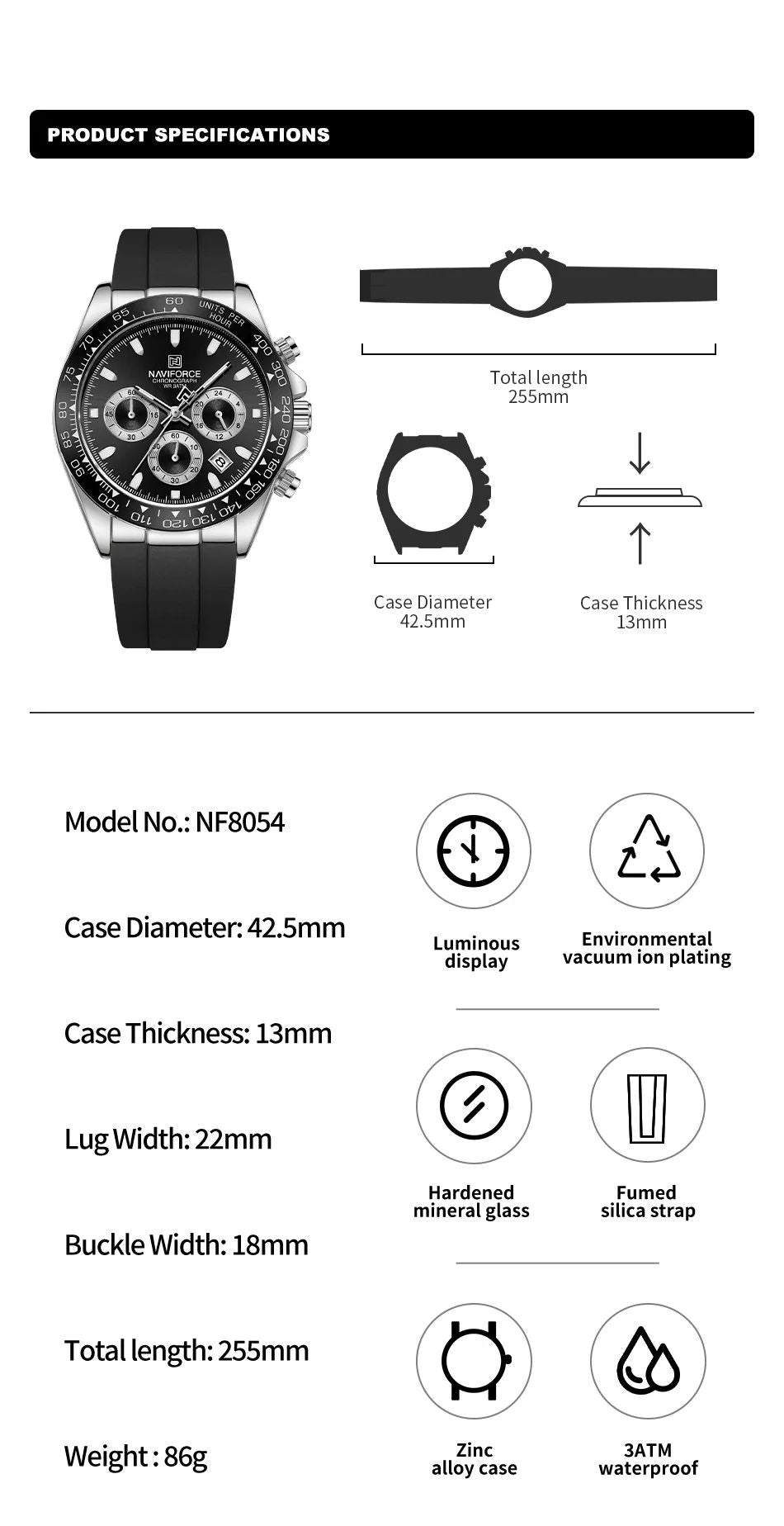 NAVIFORCE Brand NF8054 Men's Business Watches Luxury Classic Quartz Wristwatch Chronograph Silicone Band Waterproof
