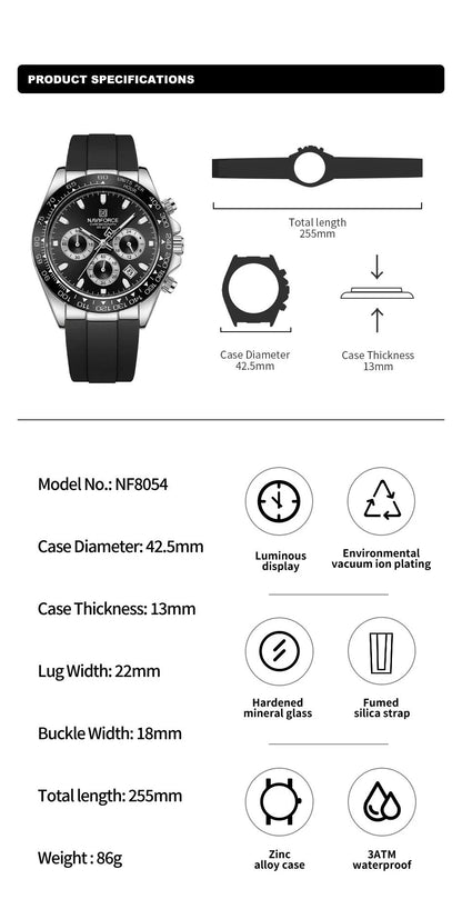 NAVIFORCE Brand NF8054 Men's Business Watches Luxury Classic Quartz Wristwatch Chronograph Silicone Band Waterproof